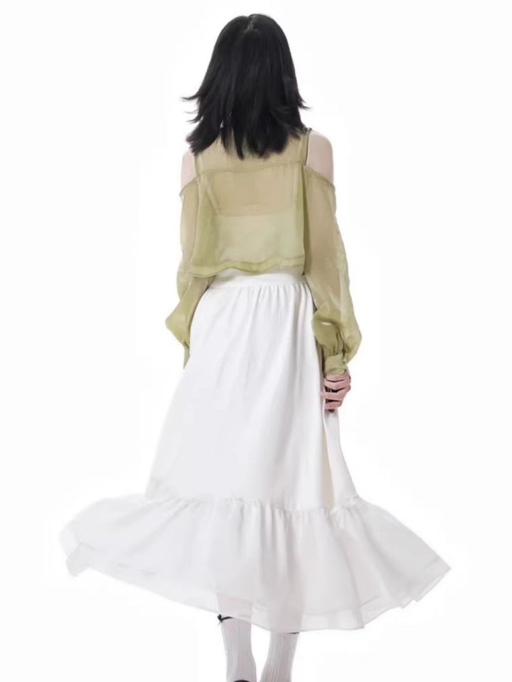 Spring Summer Green White Dress / Off Shoulder Top