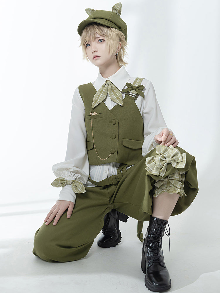 Matcha Green Retro Vest/Shirt/Capri Pants for Spring and Autumn