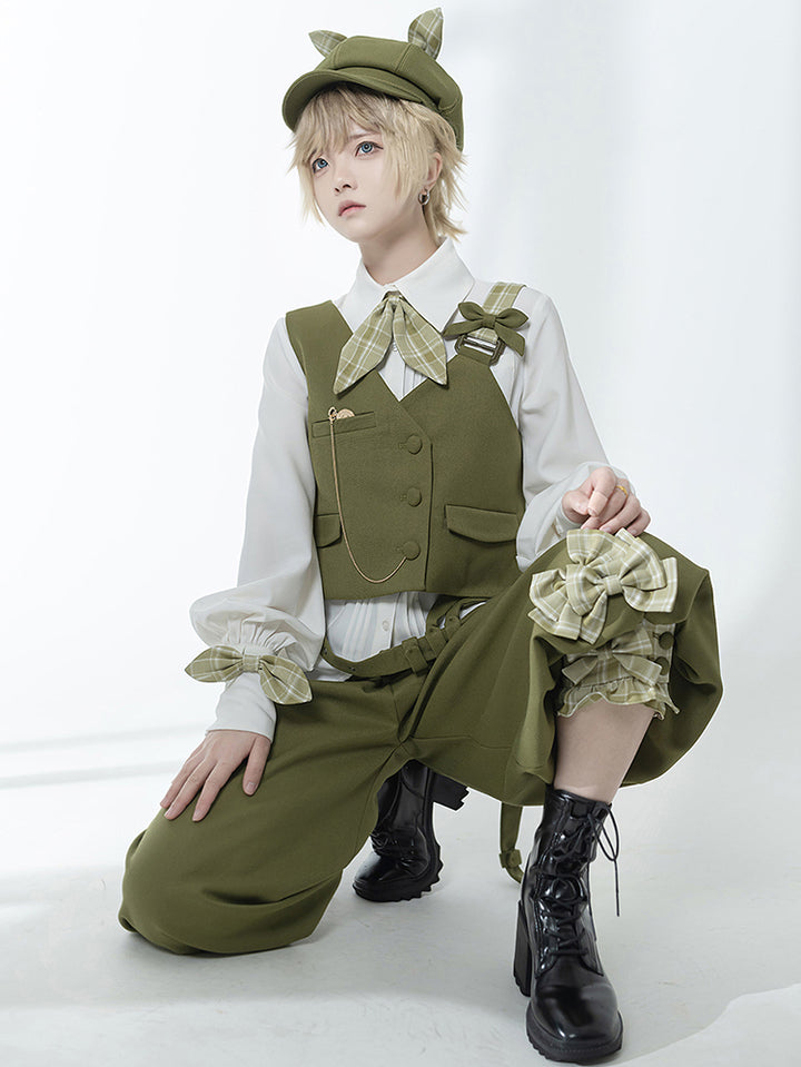 Matcha Green Retro Vest/Shirt/Capri Pants for Spring and Autumn