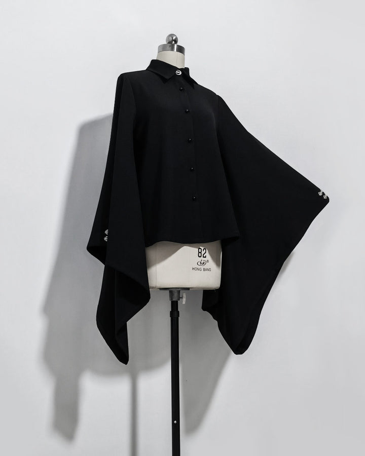 Black Pointed Collar Vintage Wide-Sleeve Blouse