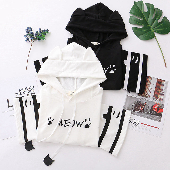Cat “Meow” Paw Printed Ears Hooded T-shirt