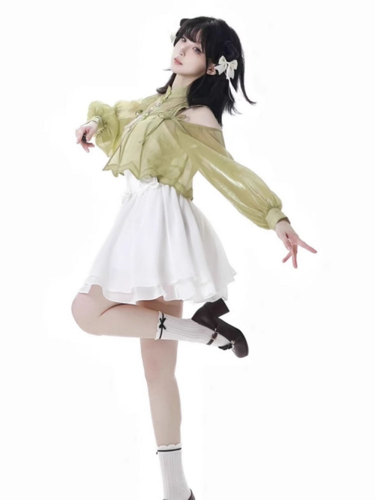 Spring Summer Green White Dress / Off Shoulder Top