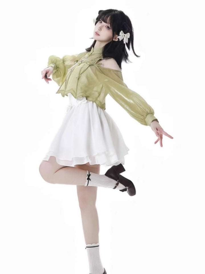 Spring Summer Green White Dress / Off Shoulder Top