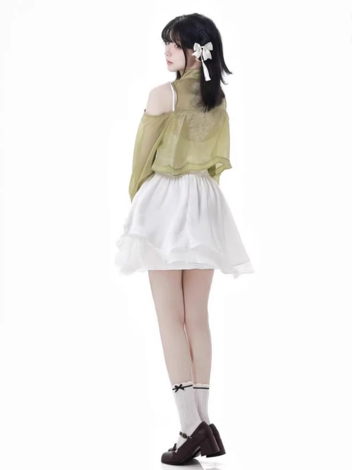 Spring Summer Green White Dress / Off Shoulder Top