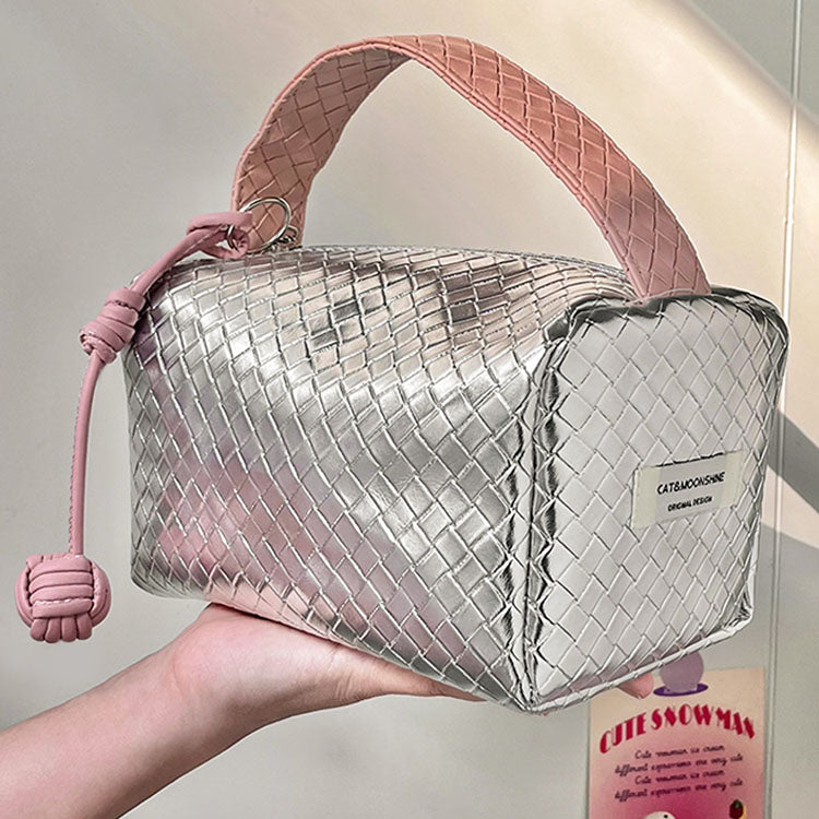 Weave Design Silver Pink Makeup Bag