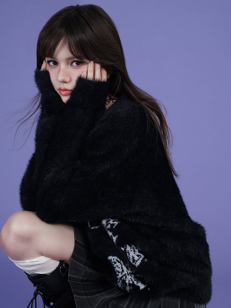 Street Style Black V-Neck Jacquard Loose Sweater