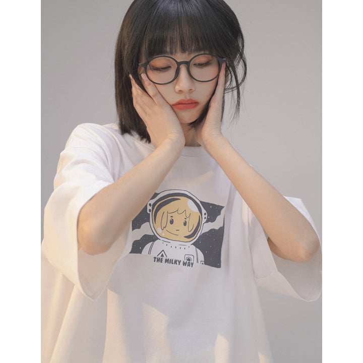 Astronaut Print Summer Short Sleeve Round Neck T-shirt