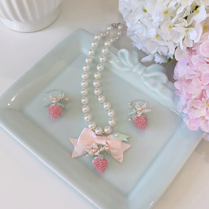 Lolita Pearl Strawberry Bow Necklace