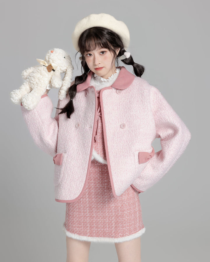Pink Short Loose Wool Coat for Fall and Winter