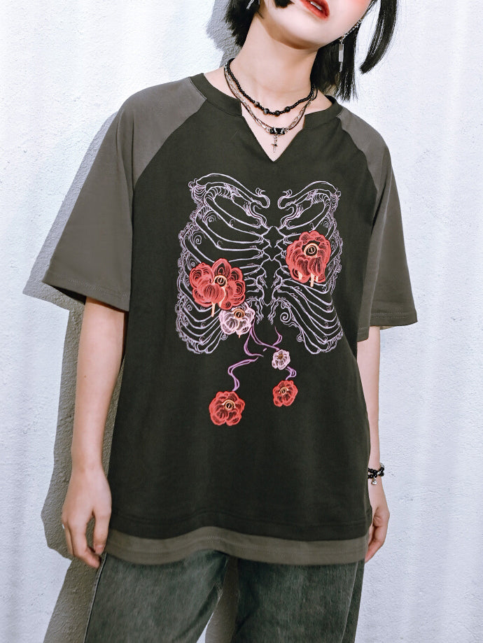 floral bone print Dark-style V-neck short-sleeve T-shirt