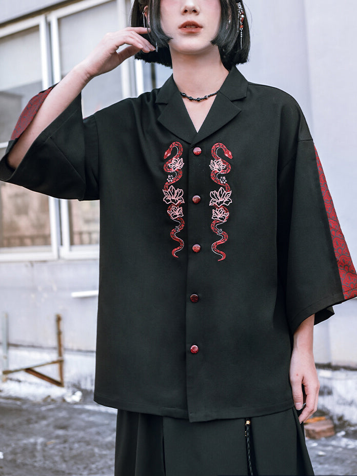 Loose-fit Chinese-style embroidered 3/4 sleeve shirt for summer