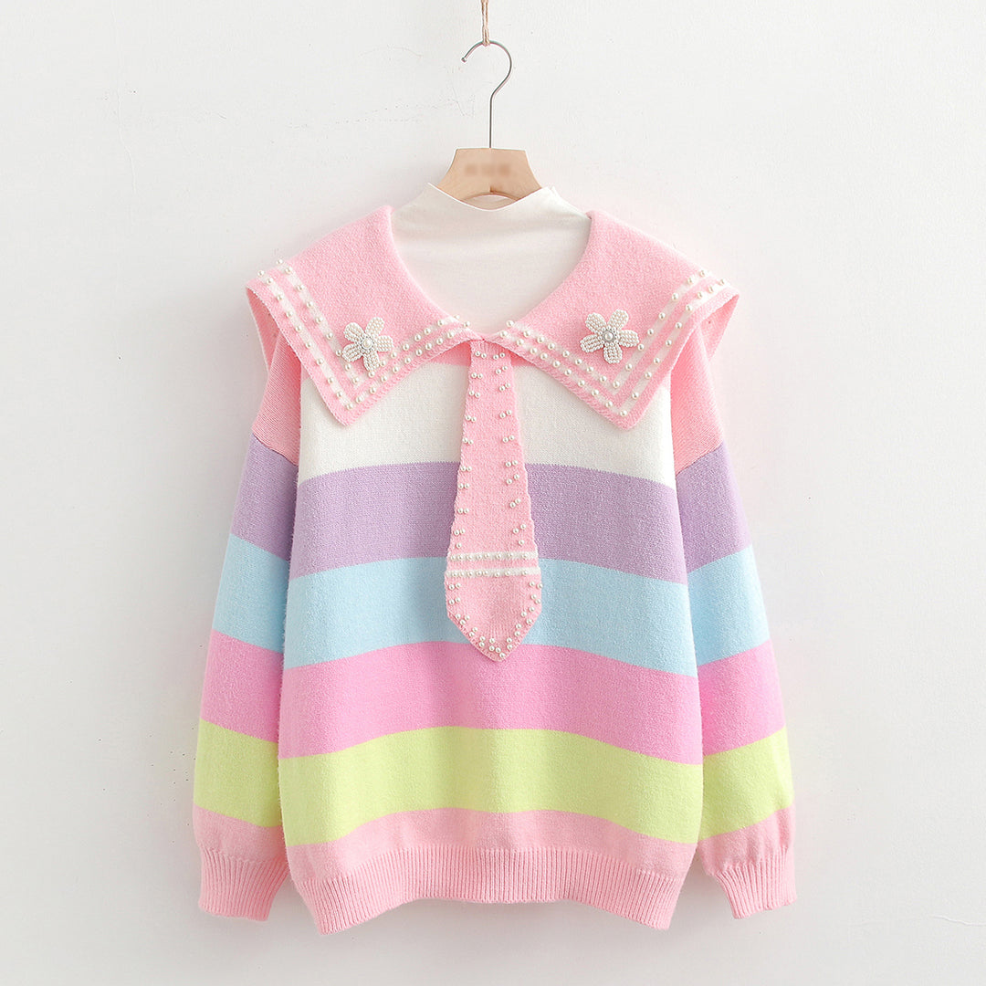 Rainbow Striped Naval Collar Long Sleeve Knit Sweater