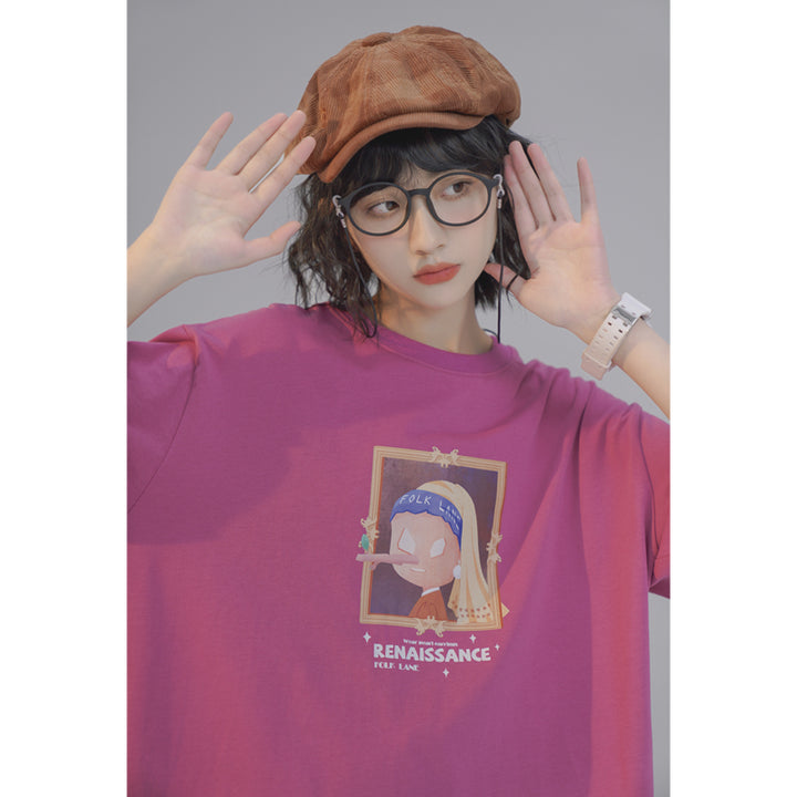 Oil Painting Letter Printed Loose Short Sleeve Summer T-shirt