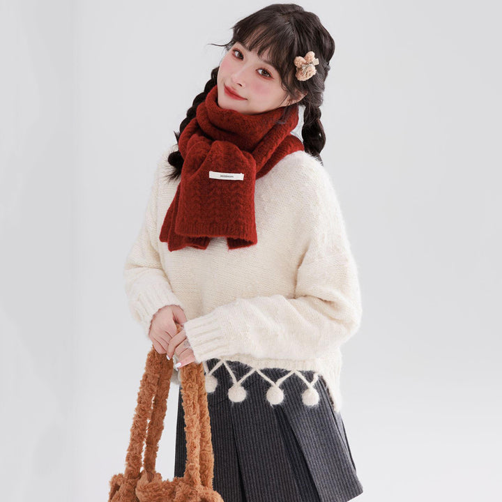 Off-White Round-Neck Sweater with Pom-Pom Details