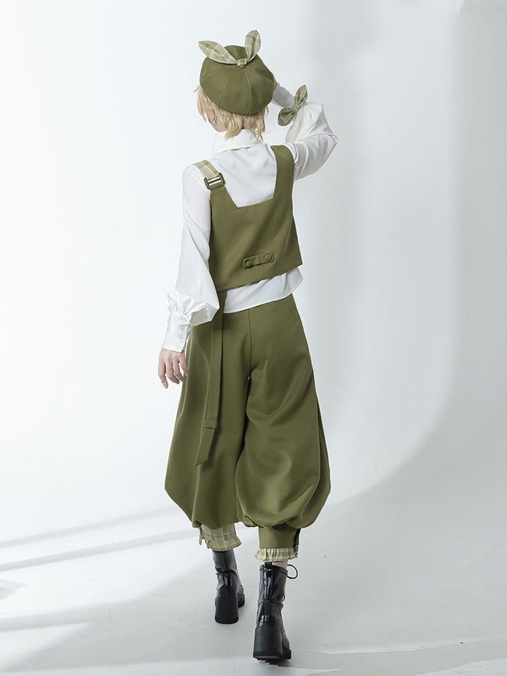 Matcha Green Retro Vest/Shirt/Capri Pants for Spring and Autumn