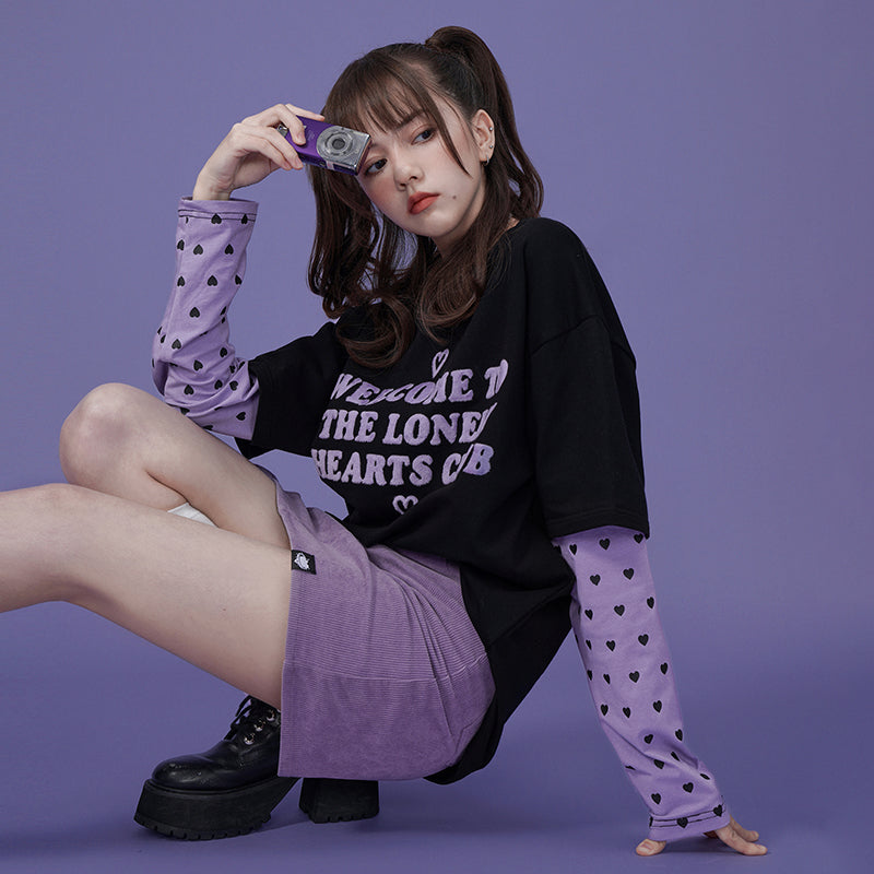 Black and Purple Mock Two-piece Loose Long-sleeve Sweatshirt