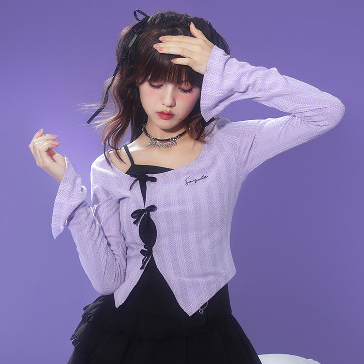 Spring Purple Flared Long-Sleeve Slim-Fit Short Top