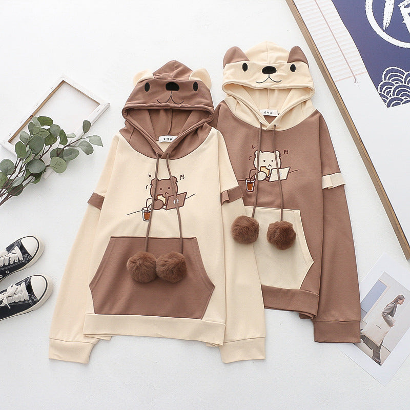 Bear Embroidery Drawstring Pocket Hoodie
