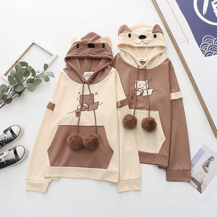 Bear Embroidery Drawstring Pocket Hoodie
