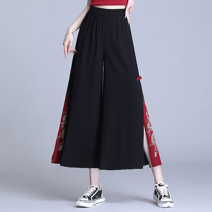 Vintage Dragon Embroidery Chiffon Wide-leg Pants