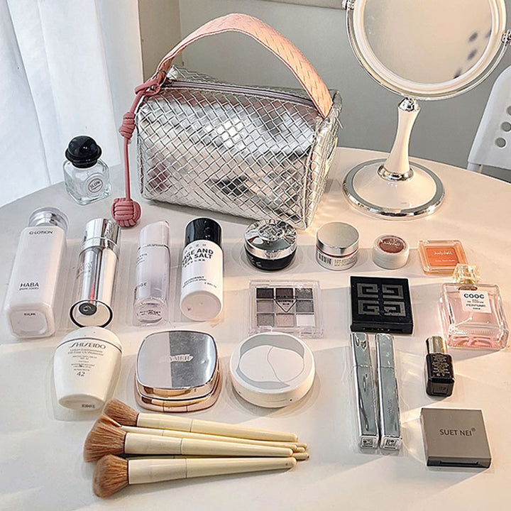 Weave Design Silver Pink Makeup Bag
