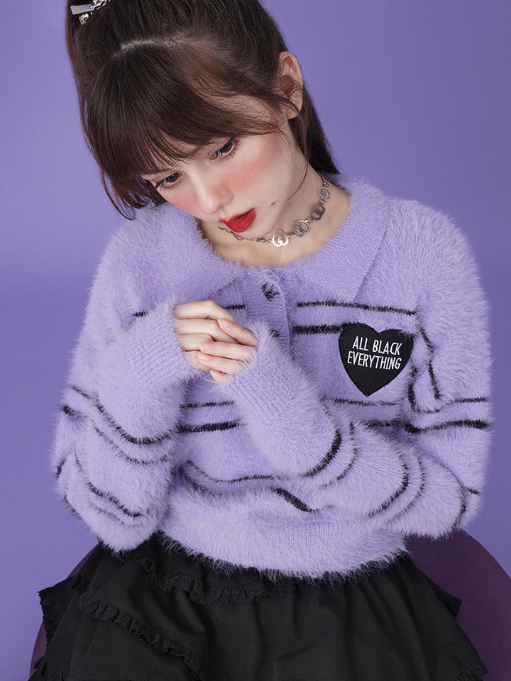 Striped Knit Polo Purple Casual Sweater
