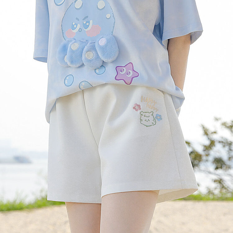 Puppy Embroidery White Shorts