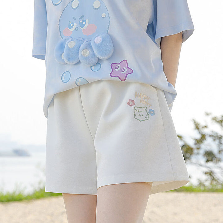 Puppy Embroidery White Shorts