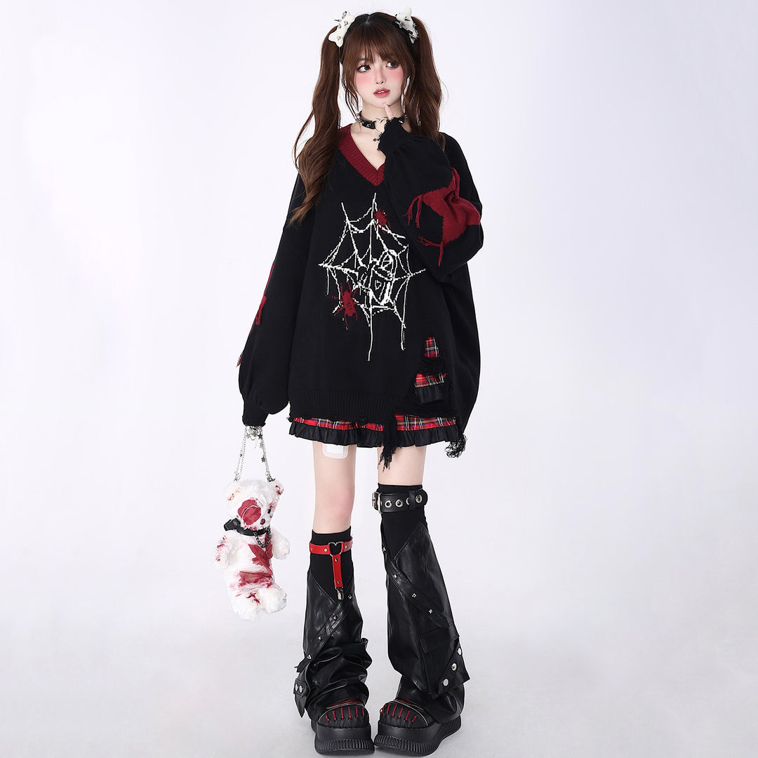 Spiderweb printed distressed V-neck sweater for autumn and winter