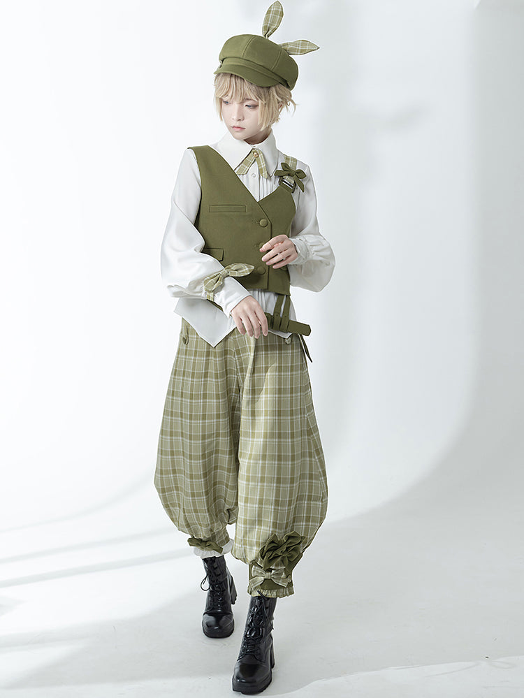 Matcha Green Retro Vest/Shirt/Capri Pants for Spring and Autumn