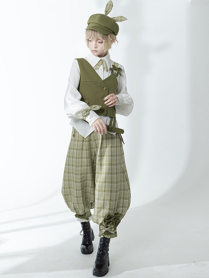 Matcha Green Retro Vest/Shirt/Capri Pants for Spring and Autumn