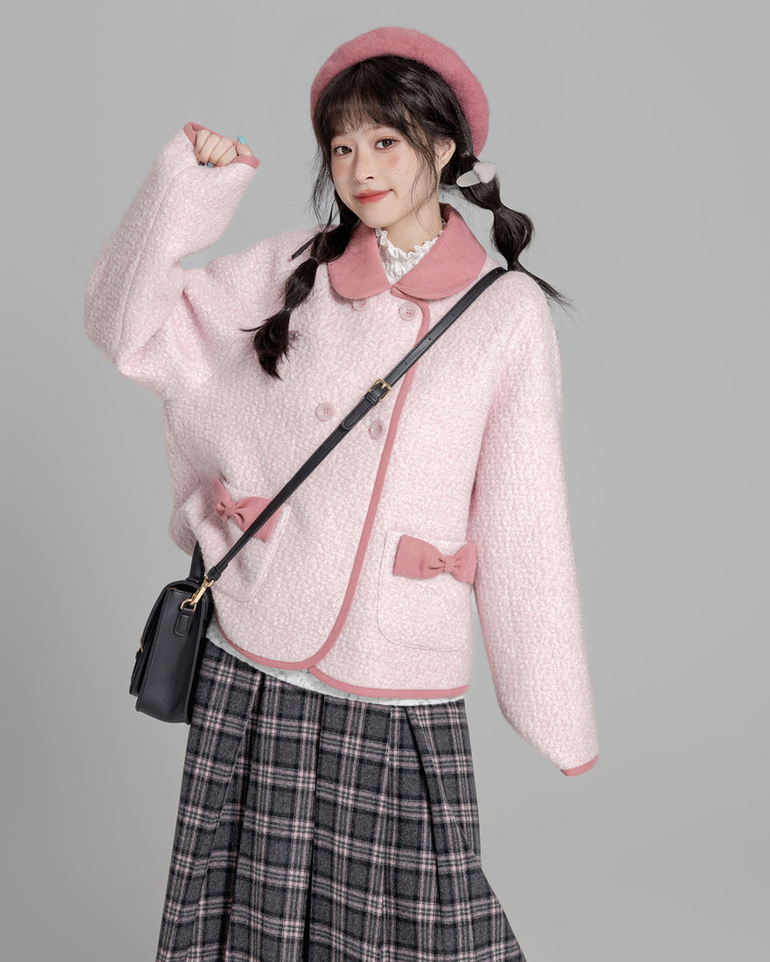 Pink Short Loose Wool Coat for Fall and Winter