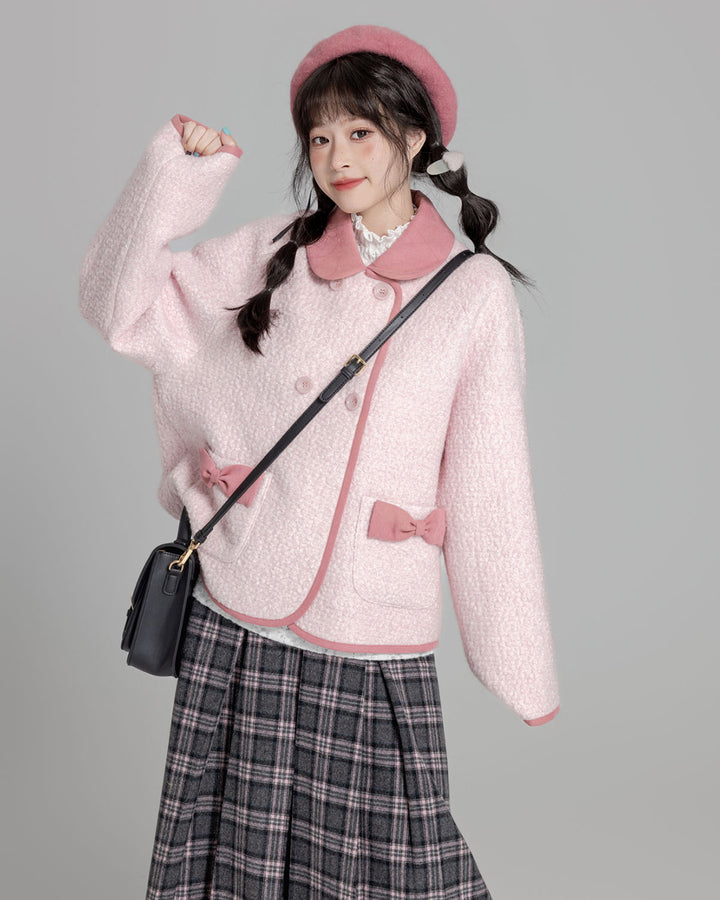 Pink Short Loose Wool Coat for Fall and Winter