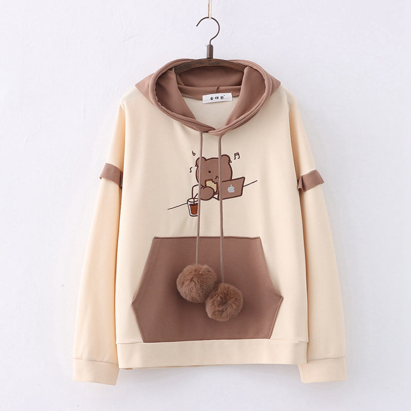 Bear Embroidery Drawstring Pocket Hoodie