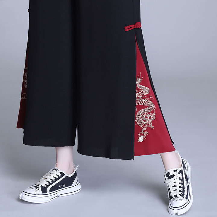 Vintage Dragon Embroidery Chiffon Wide-leg Pants