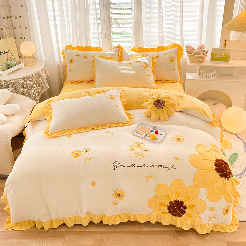 Sunflower Pattern Coral Fleece Duvet Cover