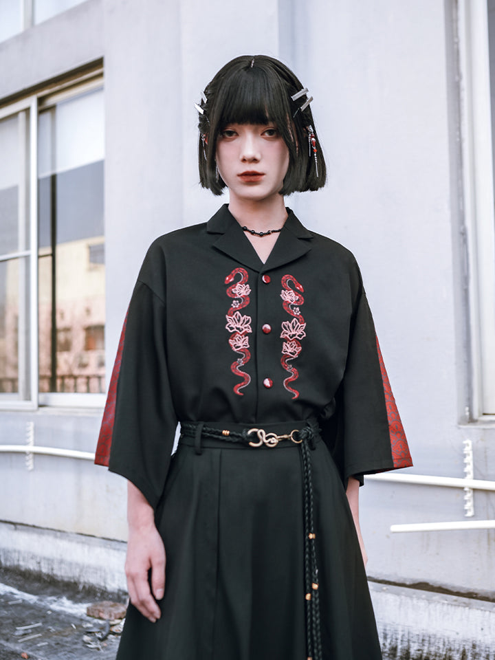 Loose-fit Chinese-style embroidered 3/4 sleeve shirt for summer