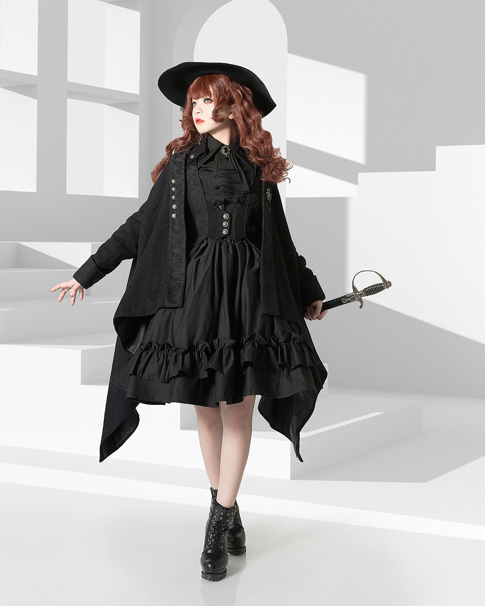 Black Lolita Medieval-inspired Bishop Jabot Sleeve Shirt