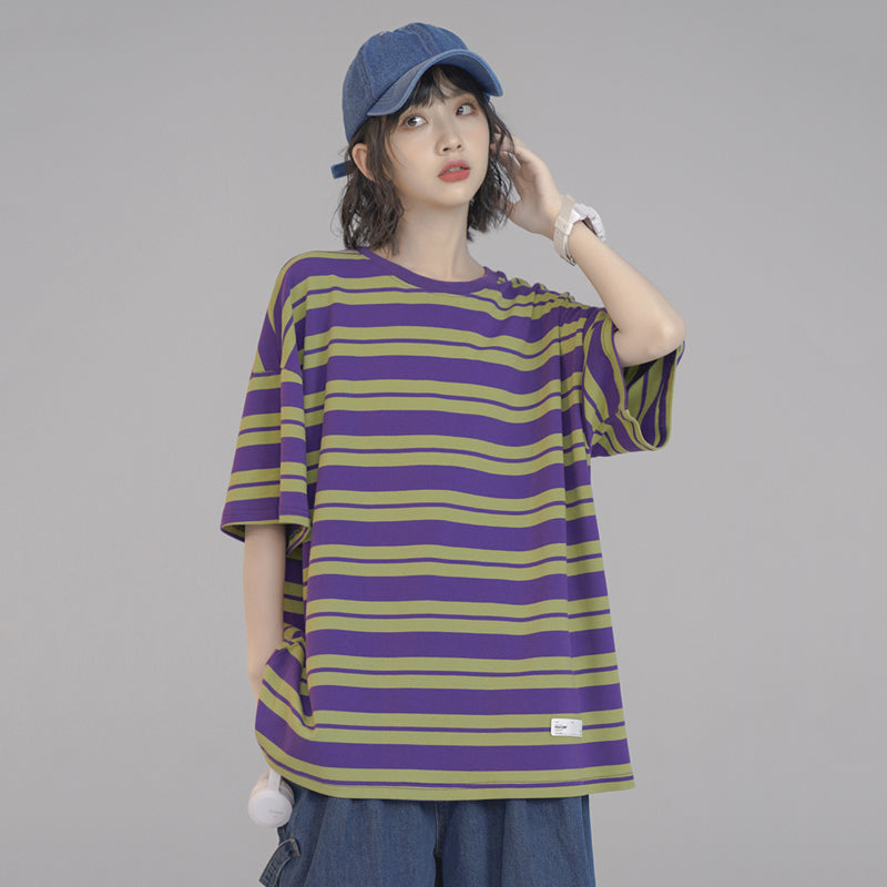 Japanese-style Summer Casual Purple Striped Short-sleeved T-shirt