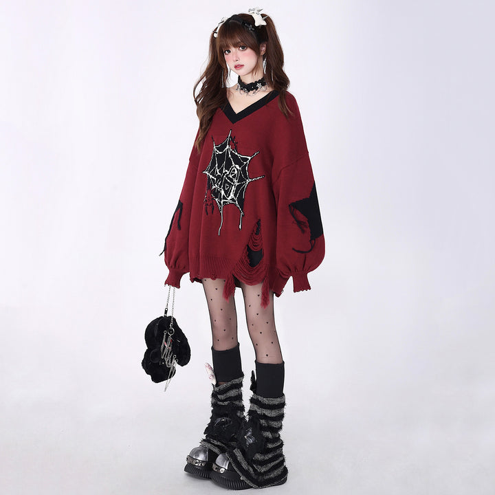 Spiderweb printed distressed V-neck sweater for autumn and winter