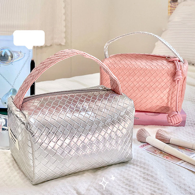 Weave Design Silver Pink Makeup Bag