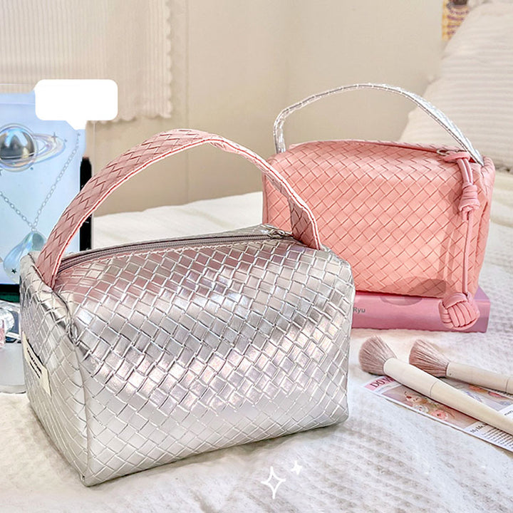 Weave Design Silver Pink Makeup Bag