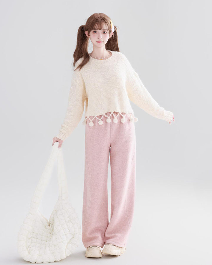 Off-White Round-Neck Sweater with Pom-Pom Details
