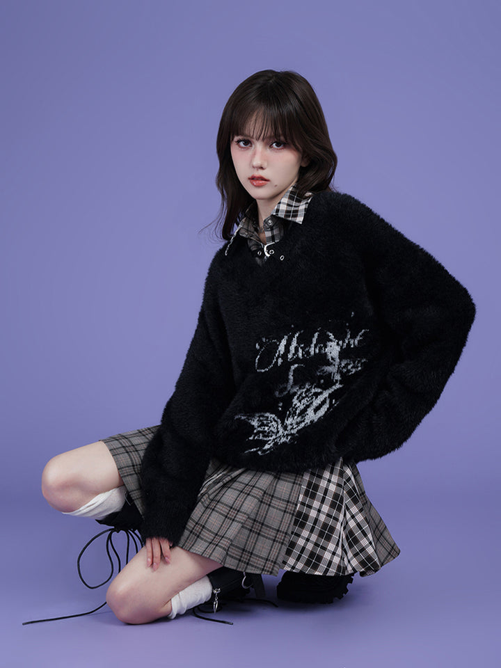 Street Style Black V-Neck Jacquard Loose Sweater