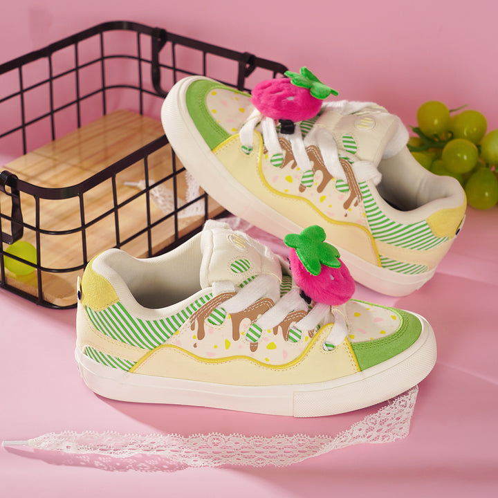 Strawberry Cake-Inspired Yellow and Green Color-Block Puffer Shoes
