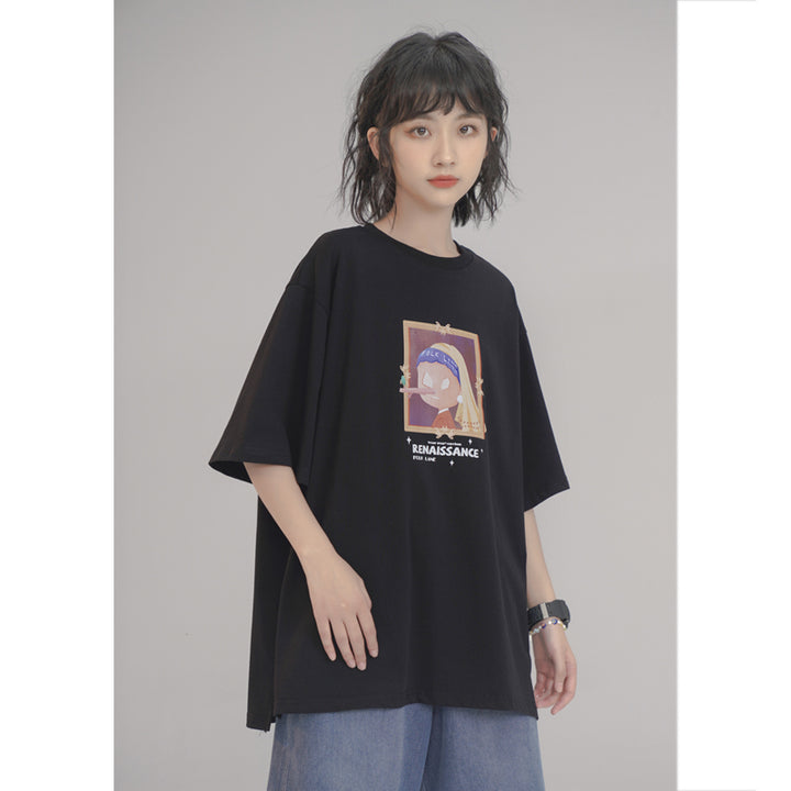 Oil Painting Letter Printed Loose Short Sleeve Summer T-shirt