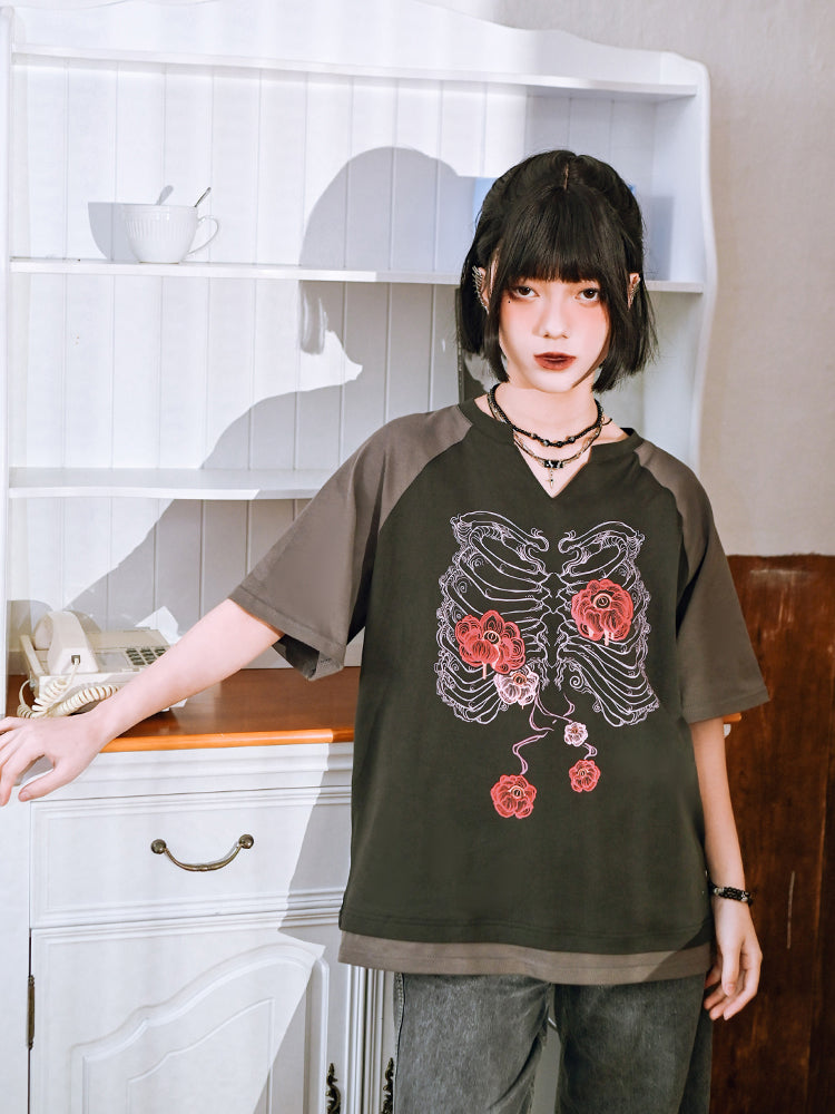 floral bone print Dark-style V-neck short-sleeve T-shirt