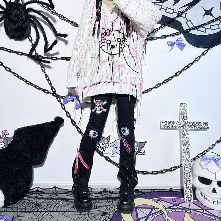 Skull Embroidery Zipper Punk Black High-waisted Jeans