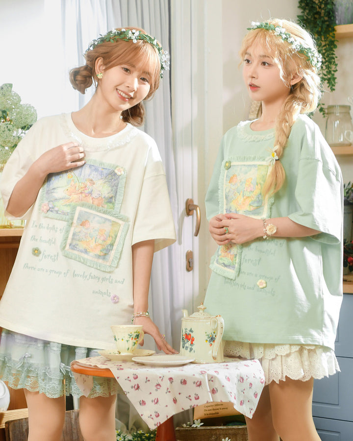 White/Green Spring/Summer Illustration Round Neck T-shirt