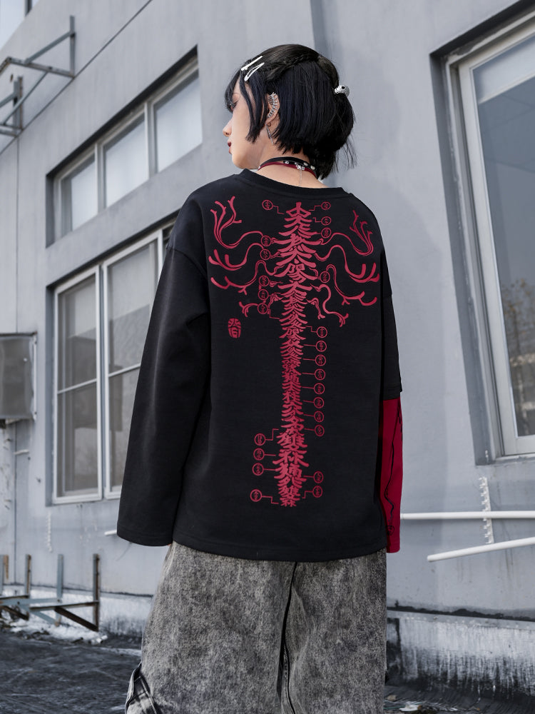 Han-style print Colorblock V-neck long-sleeve T-shirt